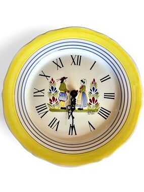 HENRIOT QUIMPER  Handpainted Signed Pottery Wall Clock Made in France -working